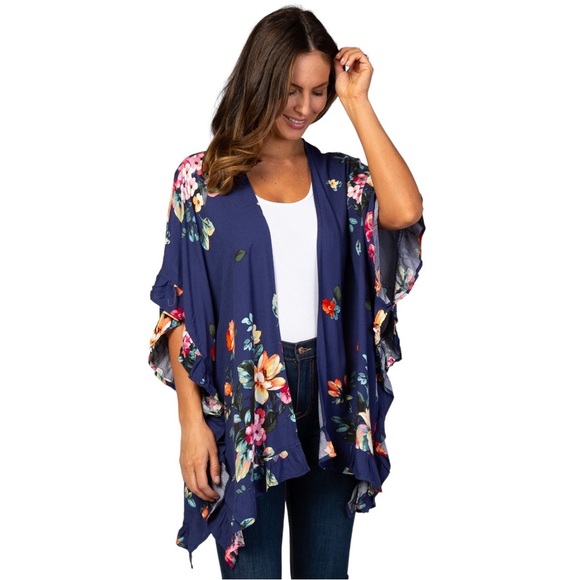 WHITE BIRCH Womens Navy Floral Ruffle Boho Peasant Hippie Kimono Cover Up Sz S/M - Picture 3 of 14